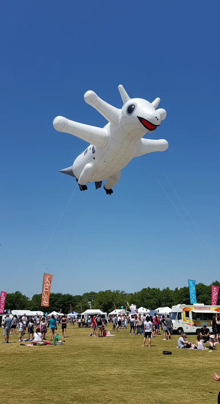 Groot wit opblaasbaar dier zweeft in de lucht boven een buiten evenement met veel mensen.