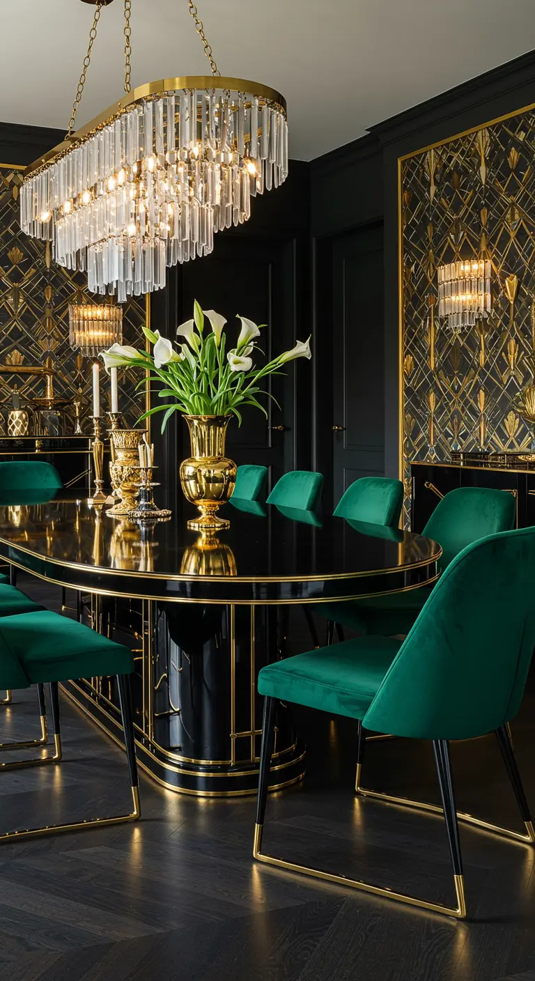 Art Deco eetkamer met zwarte ovale tafel, groene fluwelen stoelen en gouden accenten.