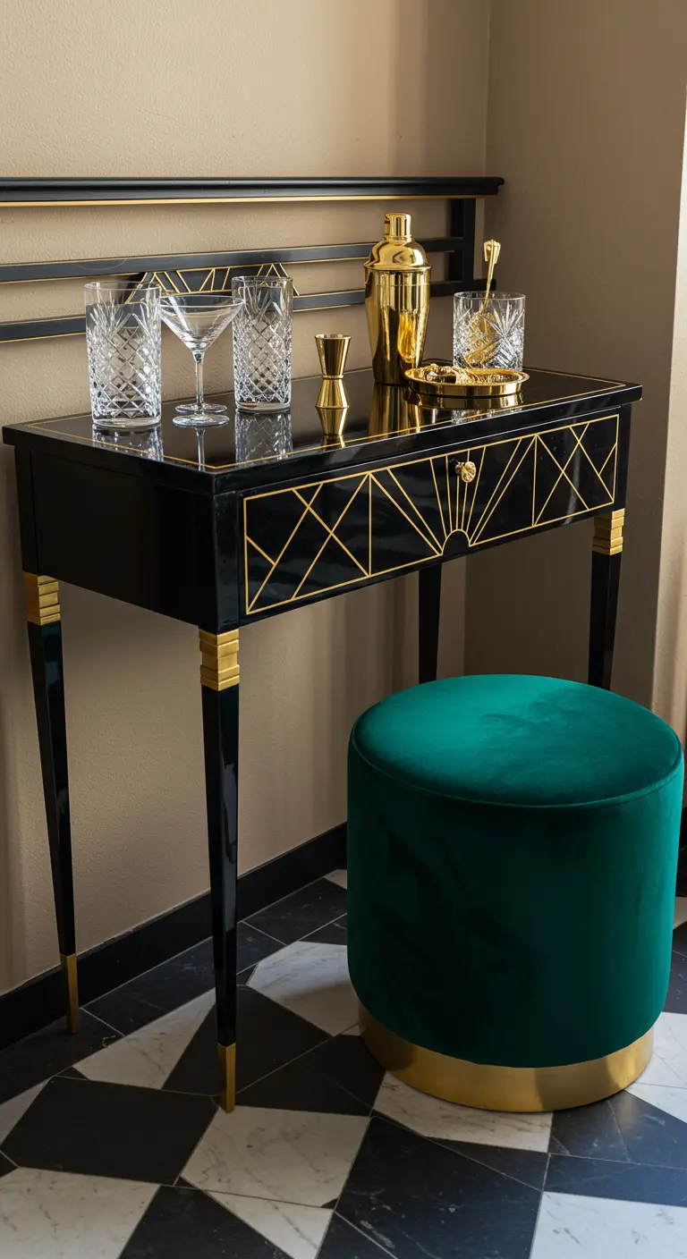 Zwarte Art Deco sidetable met gouden details en een smaragdgroene fluwelen poef.