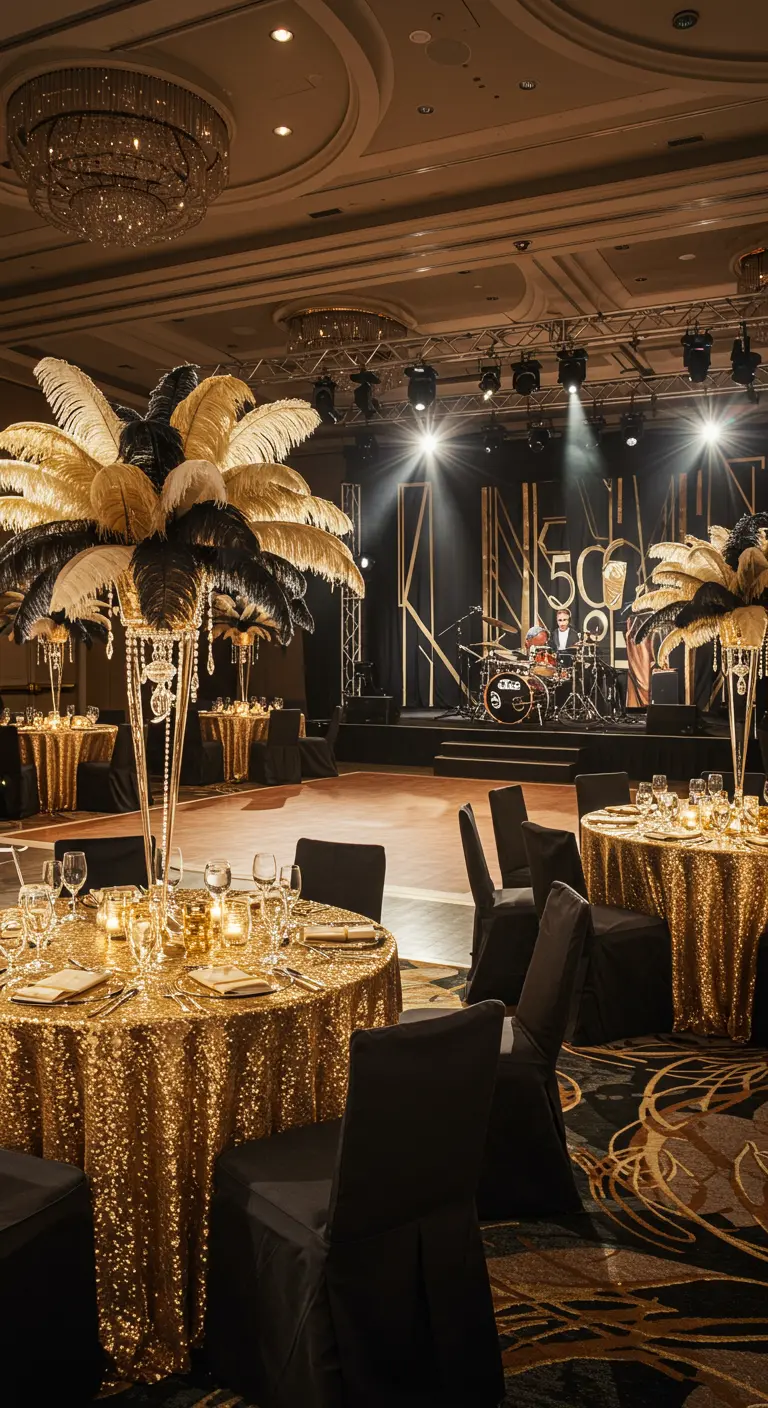 Galafeestzaal met zwarte en gouden tafels, veren centerpieces en een podium met '50' decor.