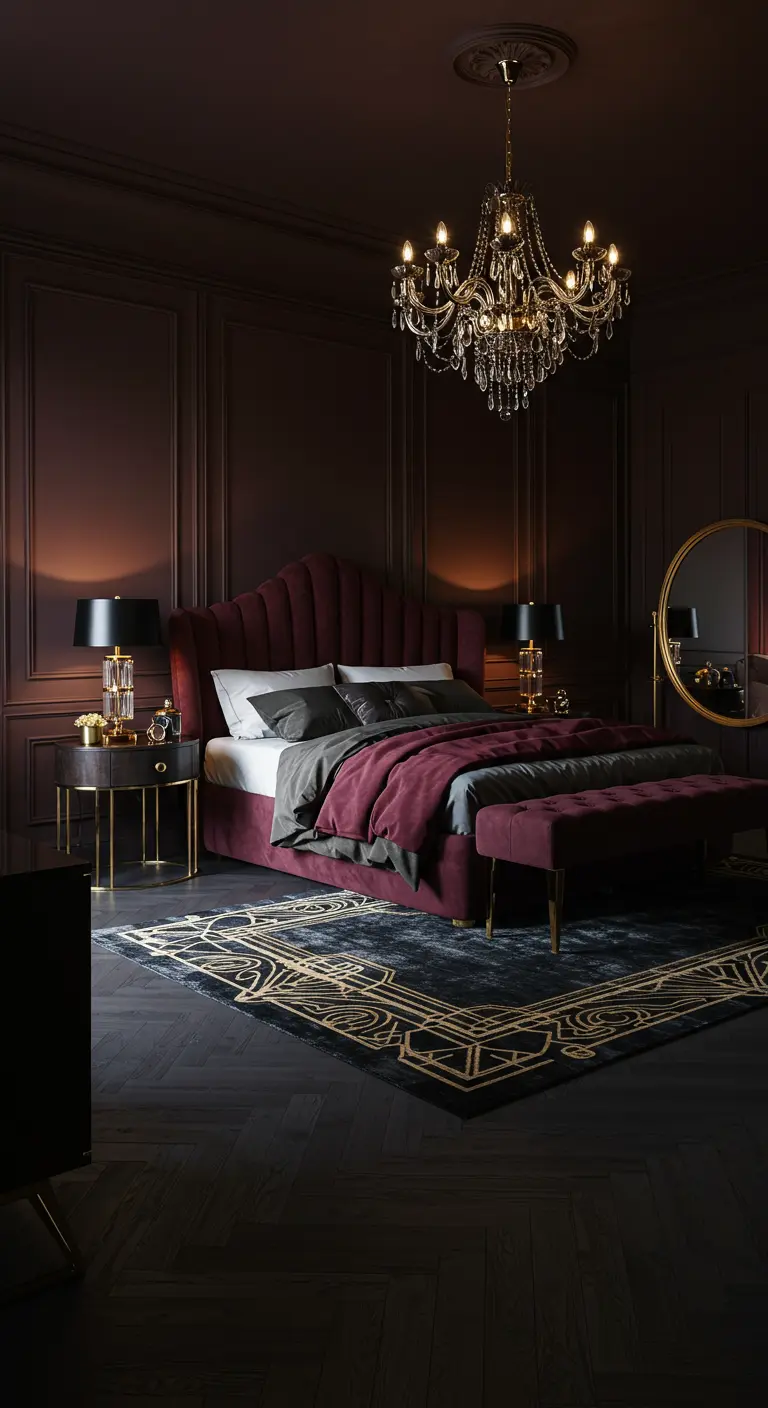 Luxe slaapkamer met bordeauxrood fluwelen bed, gouden details, kroonluchter en klassieke wandpanelen.