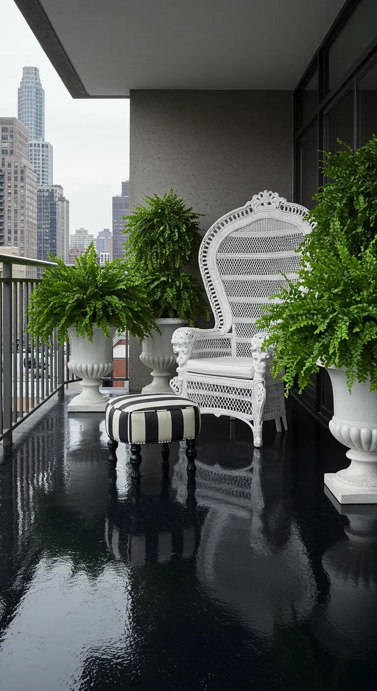 Balkon met een glanzende zwarte vloer, een witte rotan pauwenstoel en een gestreept voetenbankje.