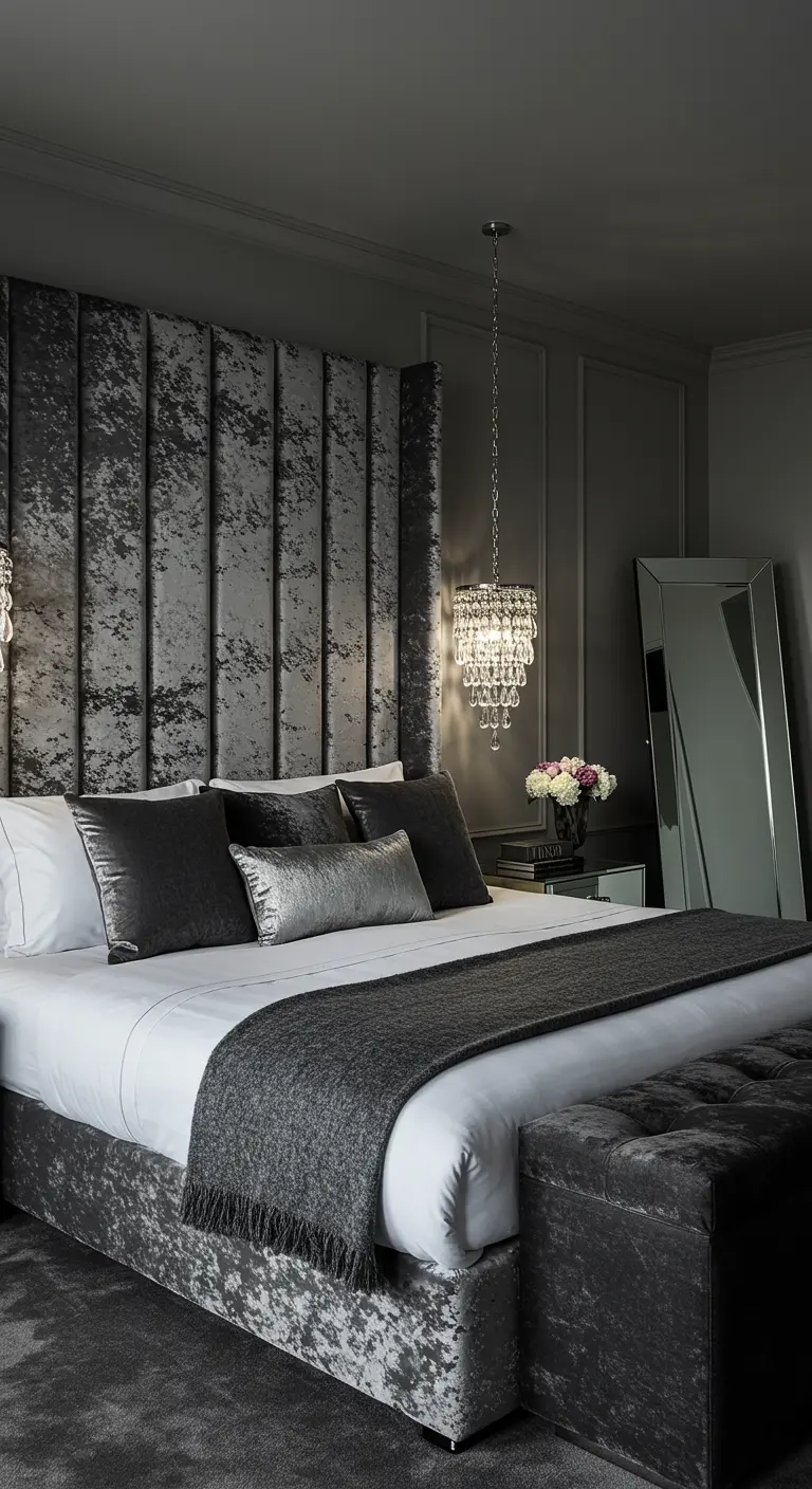 Grijze slaapkamer met een extra hoog hoofdbord van crushed velvet, met bijpassend bedframe en kristallen lamp.