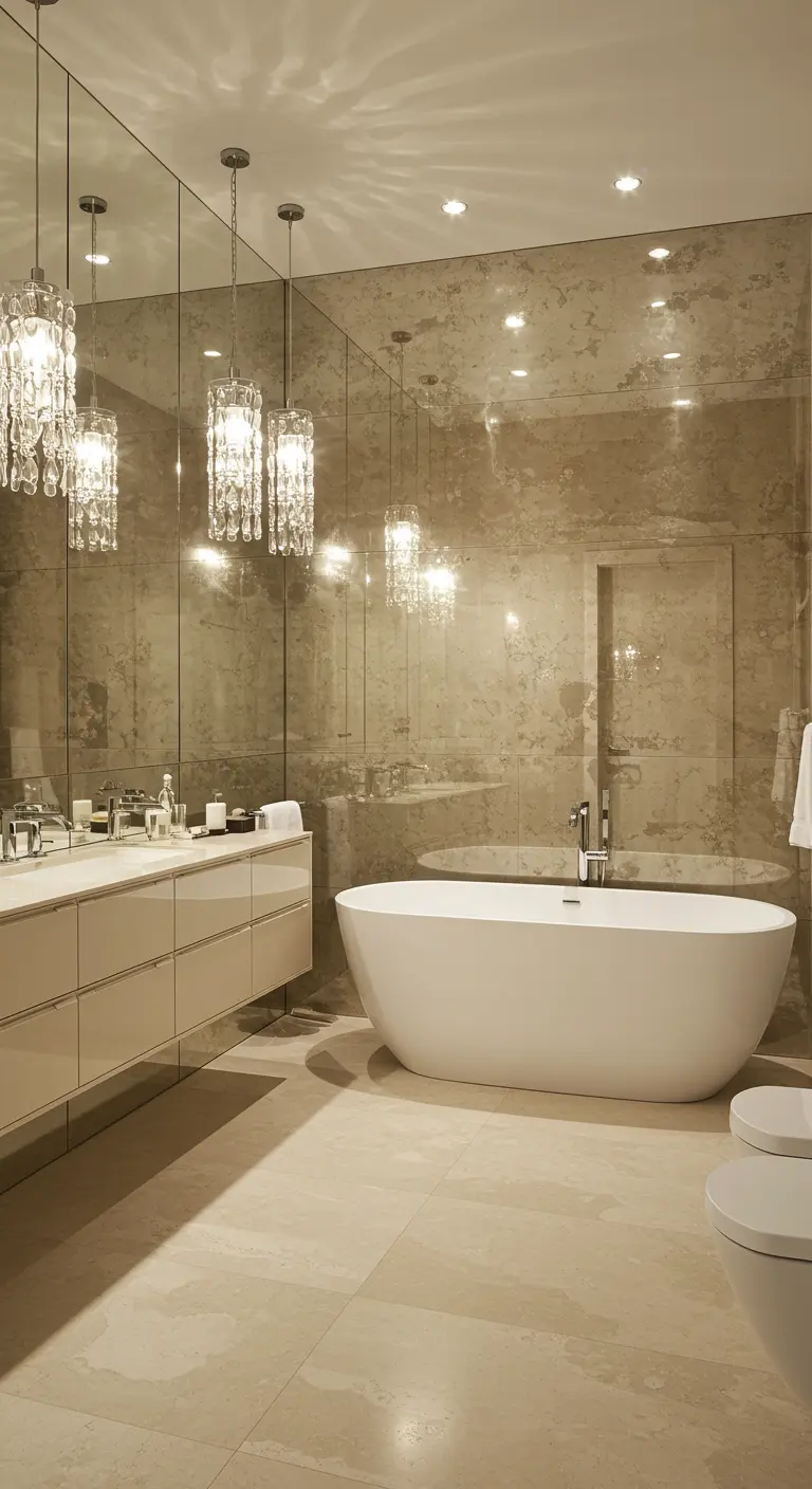 Luxe badkamer met een volledige wand van antiek spiegelglas en kristallen hanglampen.