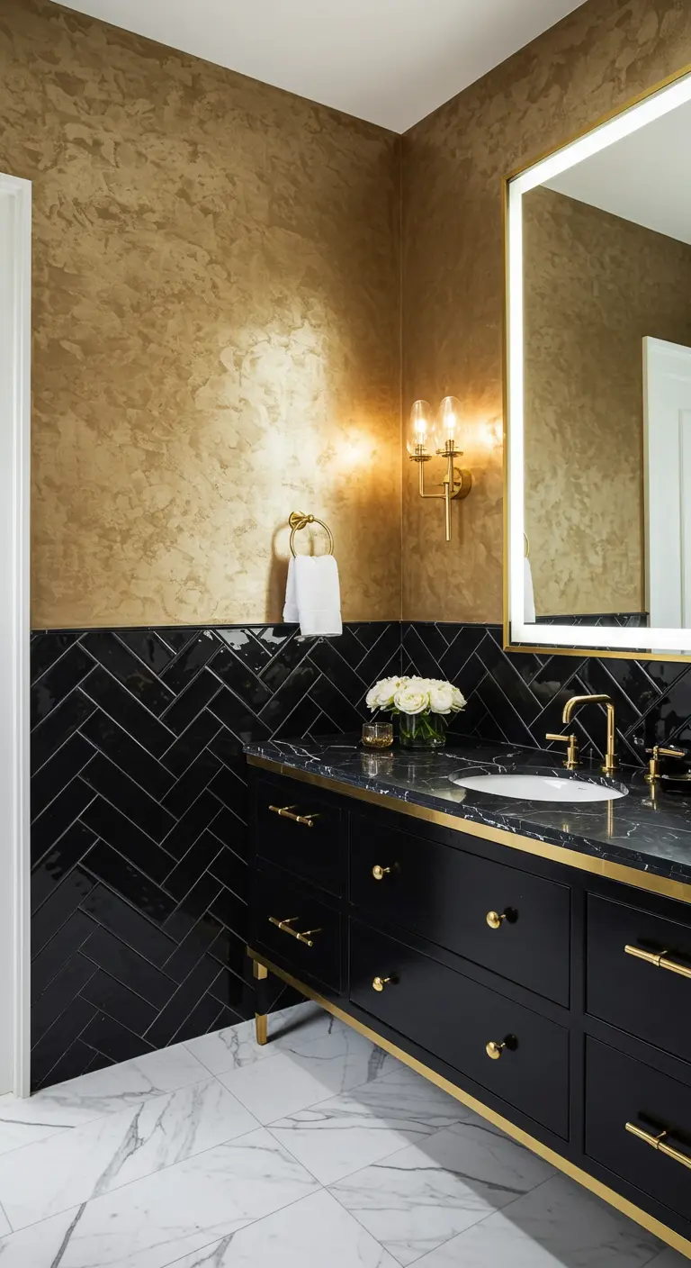 Luxe badkamer met zwarte visgraattegels en een muur met gouden textuur.