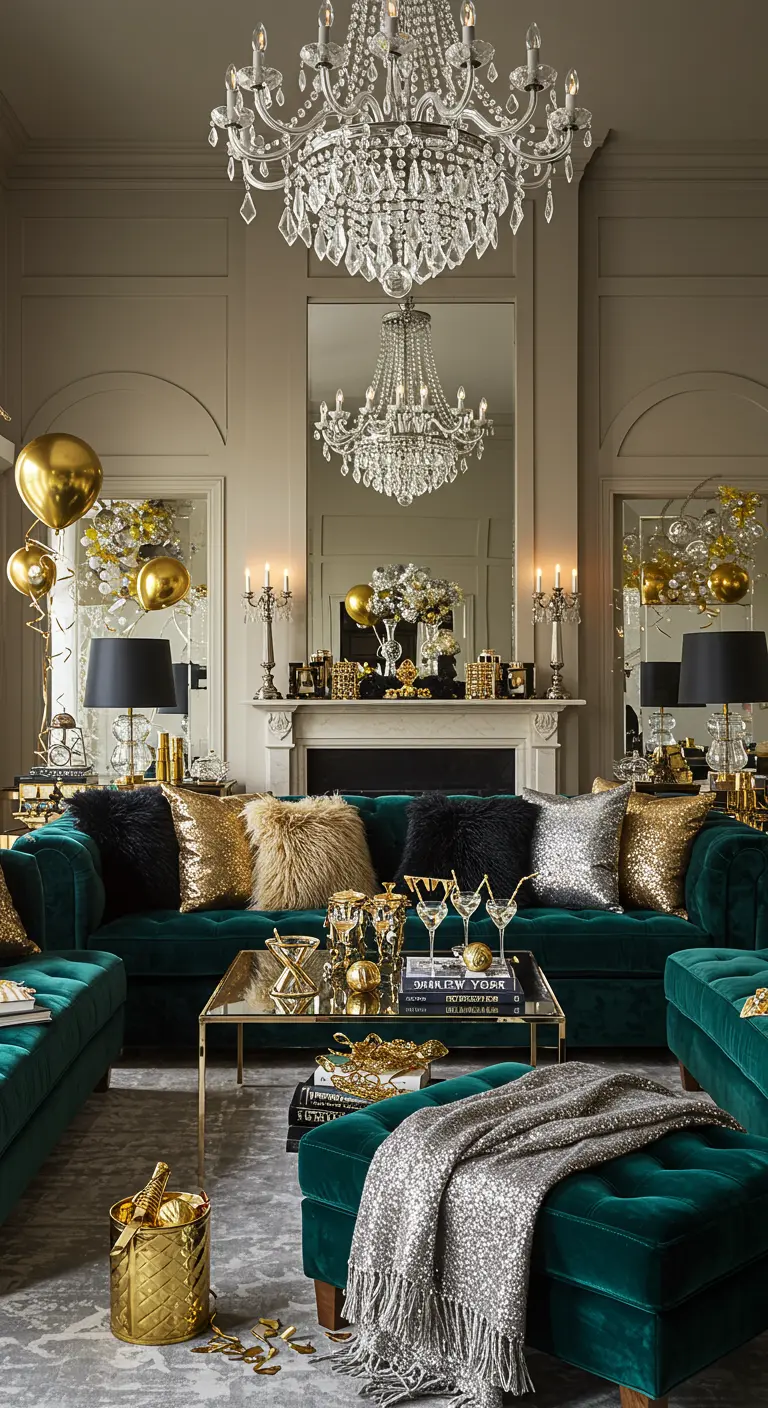 Luxe woonkamer met smaragdgroene bank en goud- en glitterkussens.