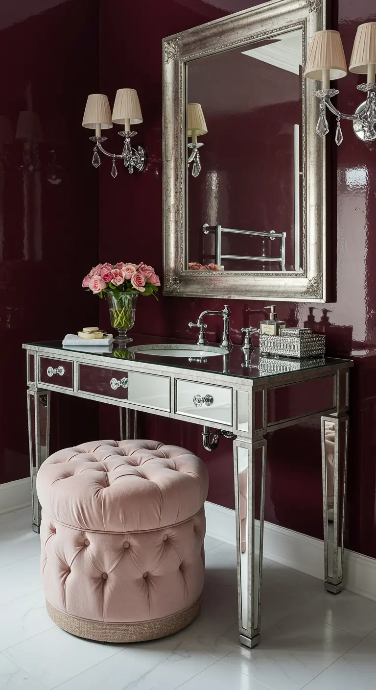 Luxe badkamer met hoogglans aubergine muren, een spiegelende kaptafel en een roze fluwelen poef.