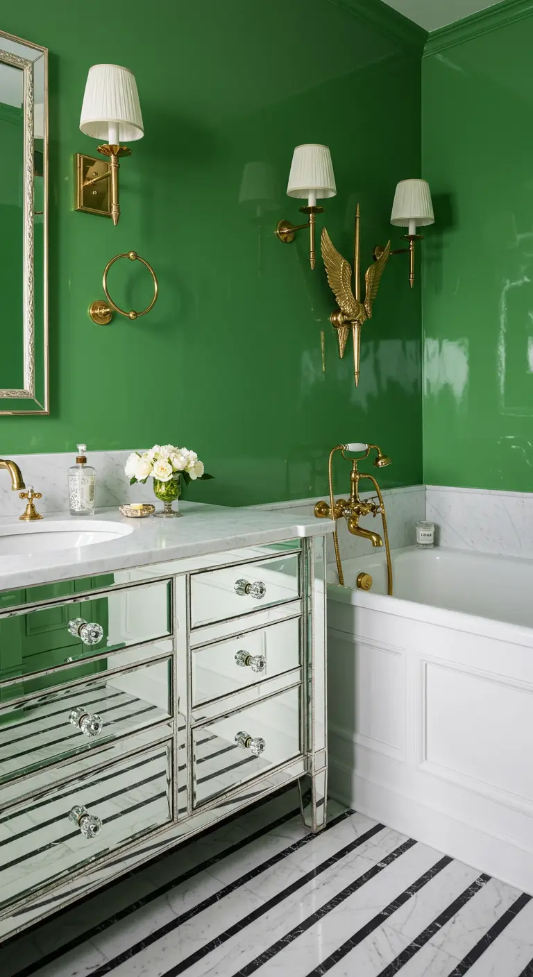 Glamoureuze badkamer met hoogglans groene muren en een meubel met spiegellades.