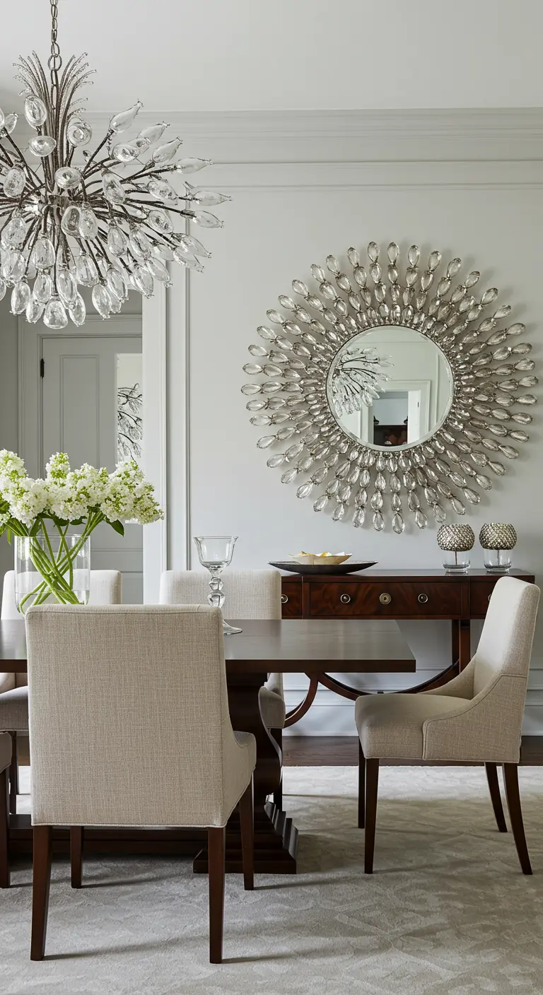 Elegante, lichte eethoek met een kristallen kroonluchter en een grote, decoratieve spiegel met kristallen.