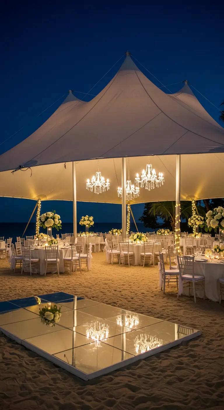 Luxe strandtent met kristallen kroonluchters, ronde tafels en een spiegelende dansvloer.
