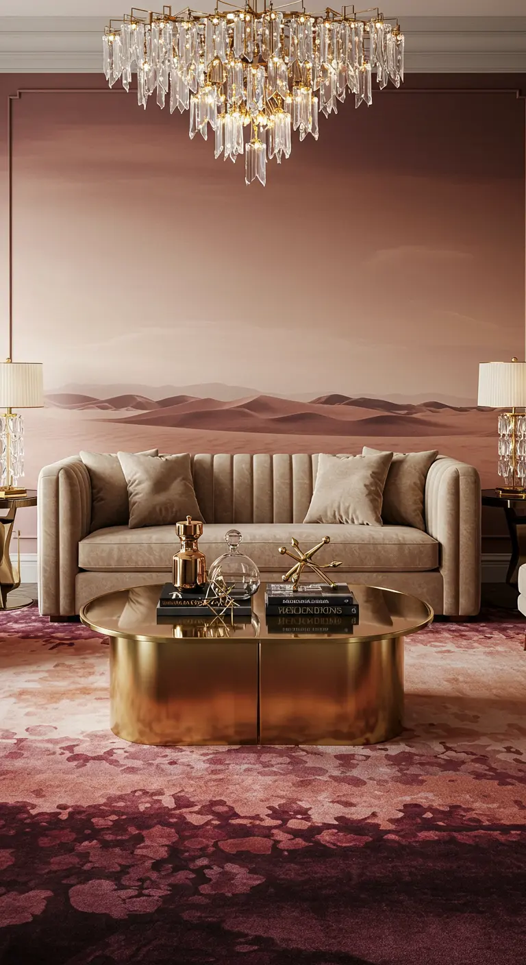 Luxe woonkamer met een woestijnmuurschildering, kristallen kroonluchter en gouden salontafel.
