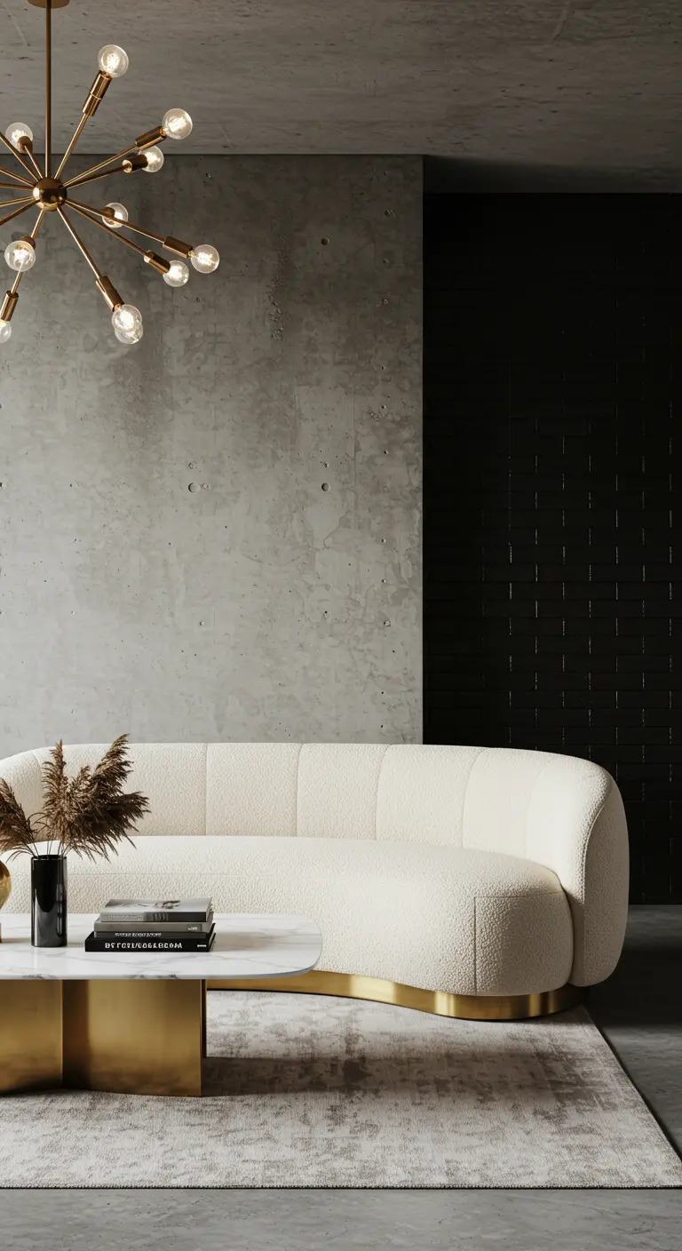 Woonkamer met betonnen muur, crèmekleurige bouclé bank en gouden details.
