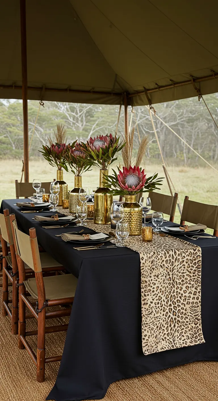 Eettafel in een safaritent met luipaardprint loper en exotische bloemen.