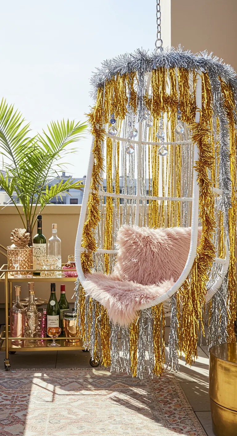 Witte eierstoel versierd met gouden en zilveren slingers en een roze fluffy kussen.