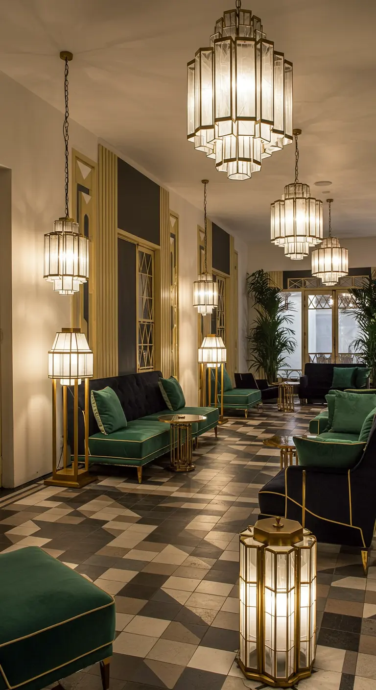 Interieur van een lounge met Art Deco lampen van matglas en messing, inclusief hanglampen en staande lampen.
