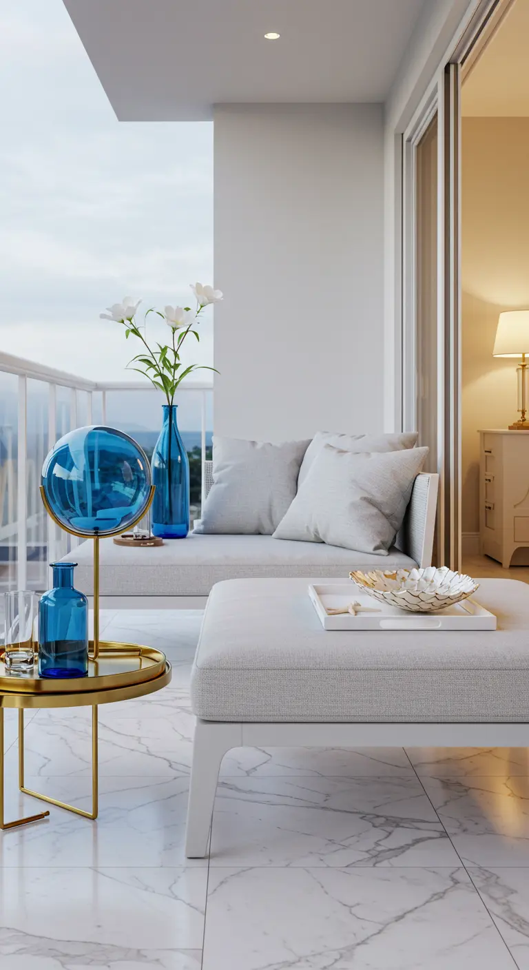 Glamoureus nautisch balkon met witte loungebank, marmeren vloer, gouden tafel, blauw glaswerk en schelpen.