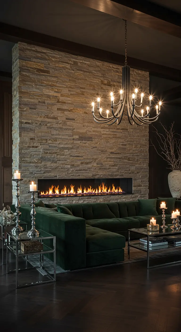Luxe woonkamer met grote groene fluwelen bank, lange haard, kroonluchter en zilveren kandelaren.