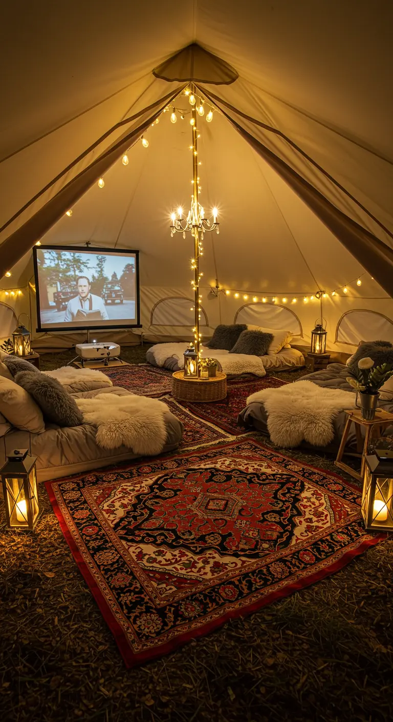 Luxe filmavond in een bell-tent met tapijten, schapenvachtjes en een kroonluchter.