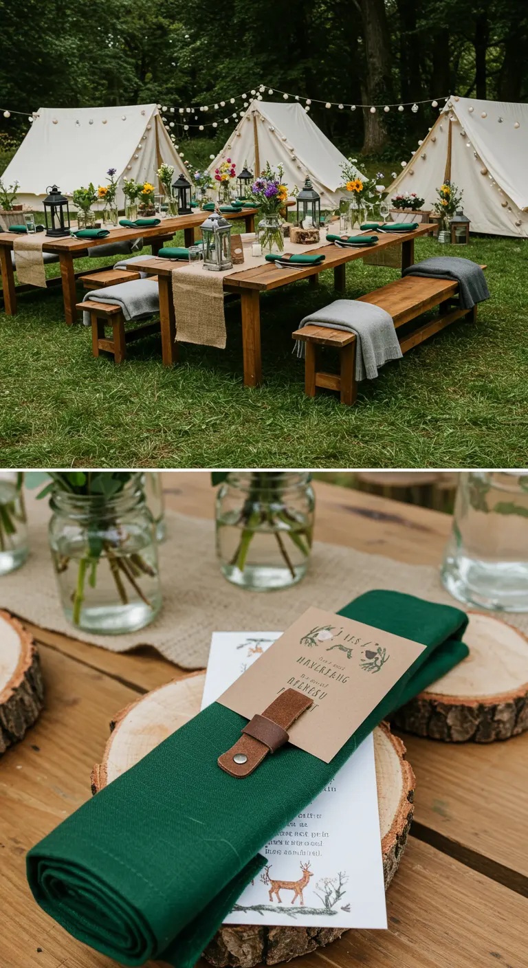 Glamping wedding table with wooden benches, green napkins with leather straps, and rustic menus.