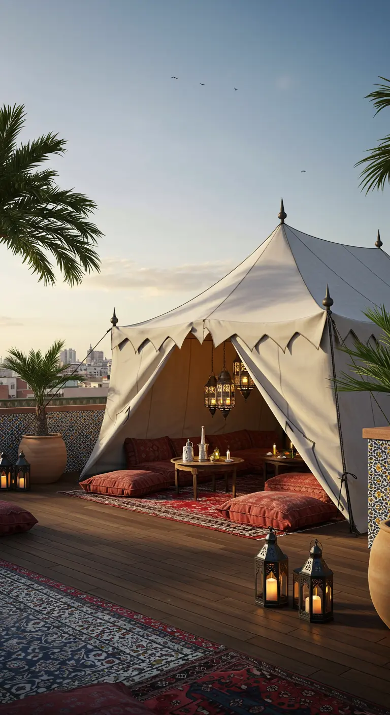 Dakterras met een grote witte tent, ingericht als lounge met rode kussens en lantaarns.