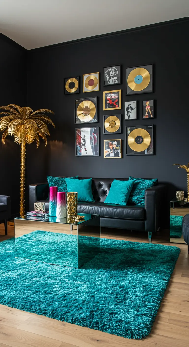 Woonkamer met zwarte muren, gouden platen aan de muur en een hoogpolig turquoise tapijt.