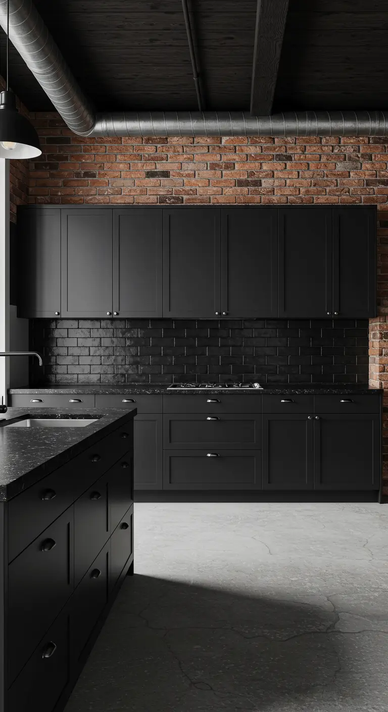 Zwarte keuken met matte kasten en een glanzend zwarte tegelwand.