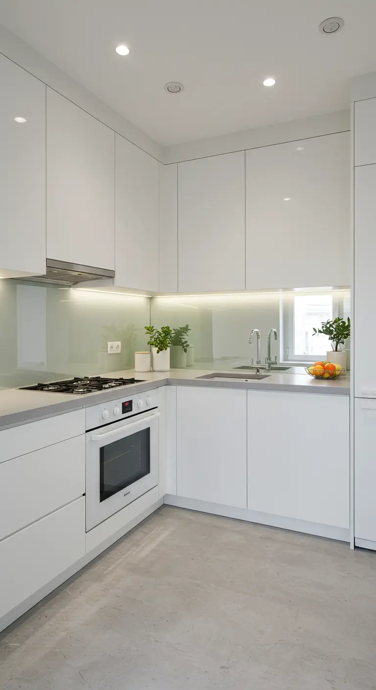 Compacte witte keuken met glanzende kasten en een lichtgroene glazen achterwand