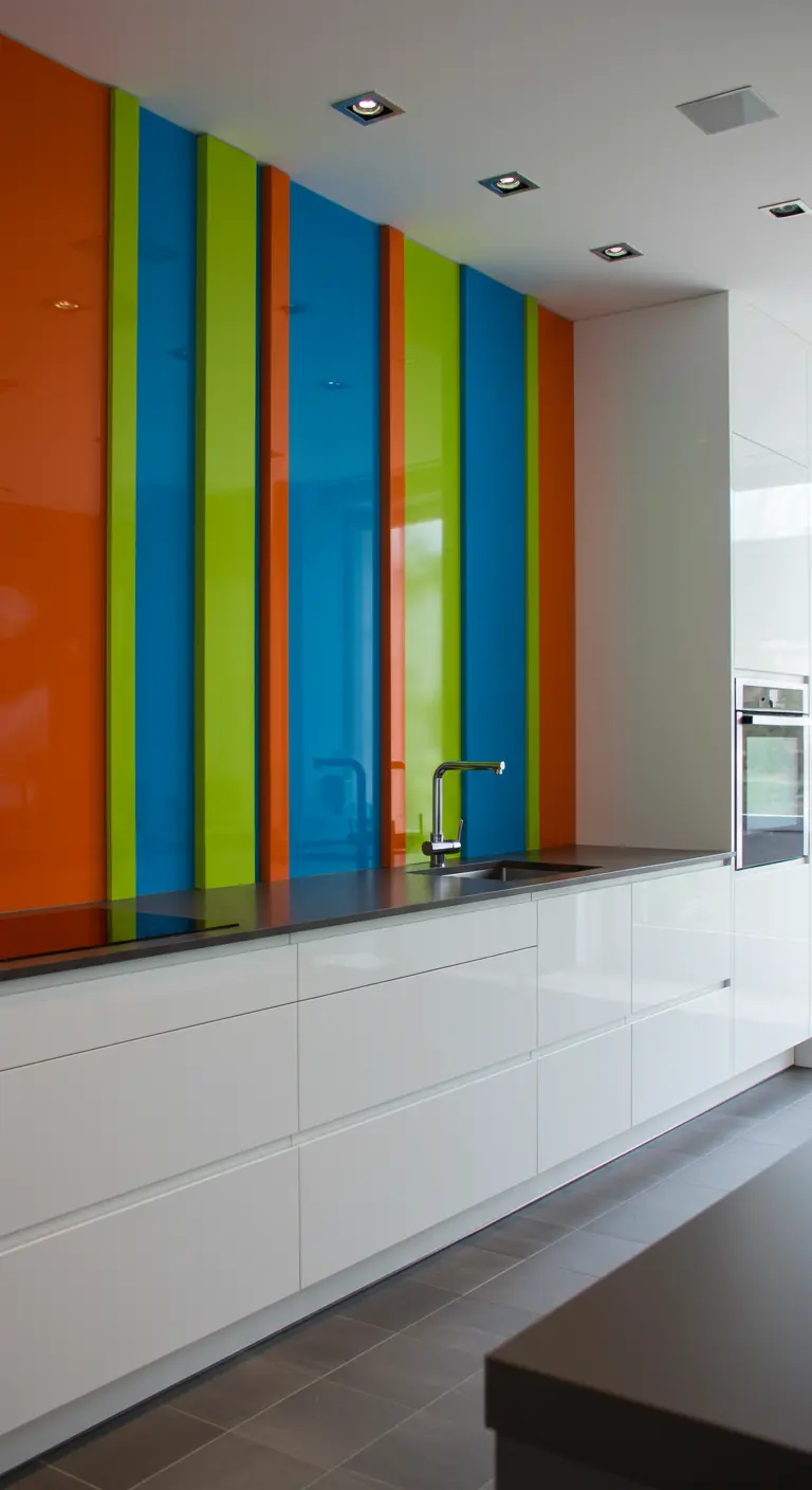 Witte keuken met glanzende verticale panelen in oranje, blauw en limoengroen.