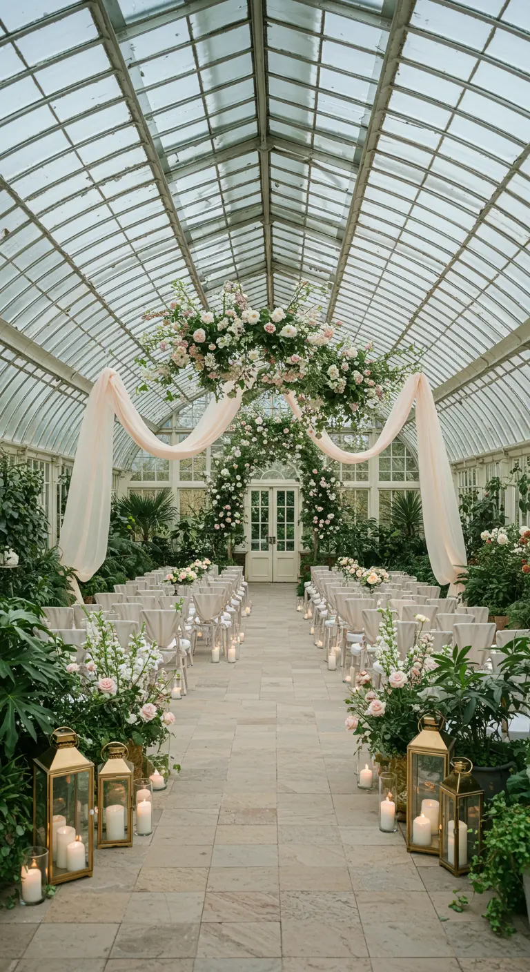 Trouwceremonie in een serre met glazen dak, bloemenboog, witte stoelen en gouden lantaarns.