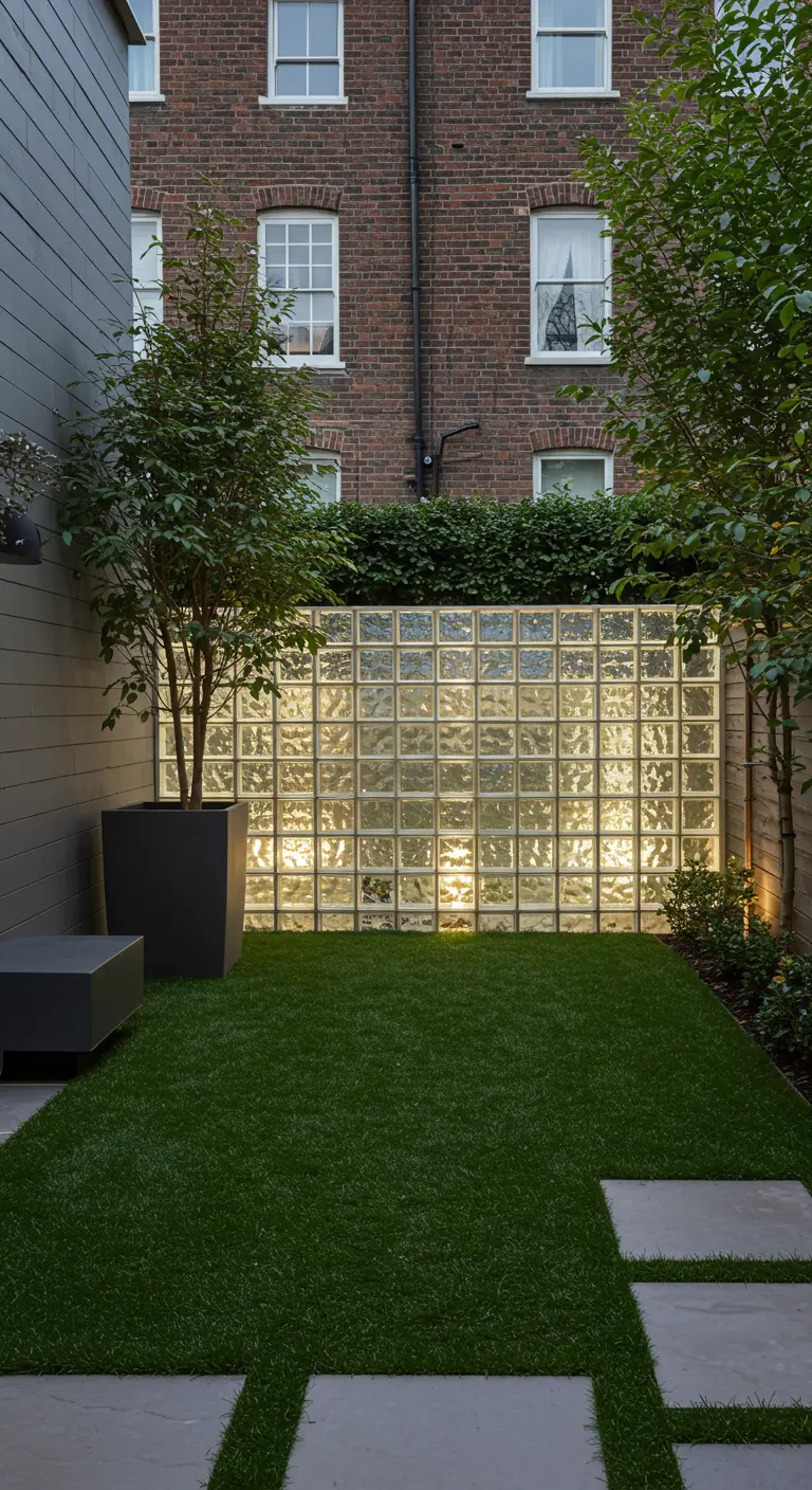 Moderne tuin met kunstgras, ommuurd door een lichtdoorlatende muur van glazen bouwstenen, verlicht van achteren.