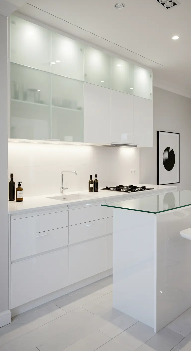 Witte hoogglans keuken met een glazen kookeiland en verlichte bovenkasten van matglas