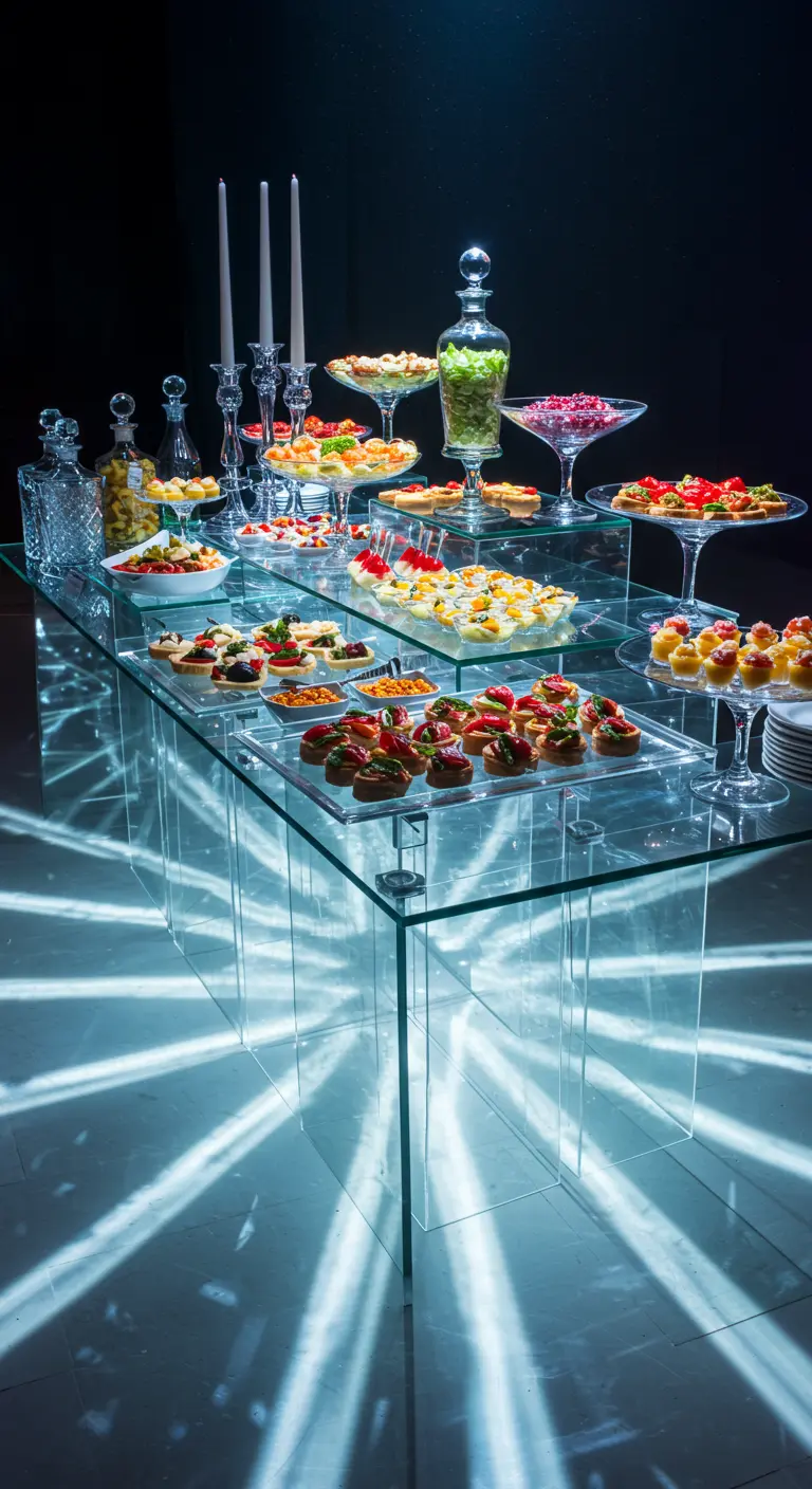 Buffet met hapjes op een glazen tafel, van onderen verlicht.