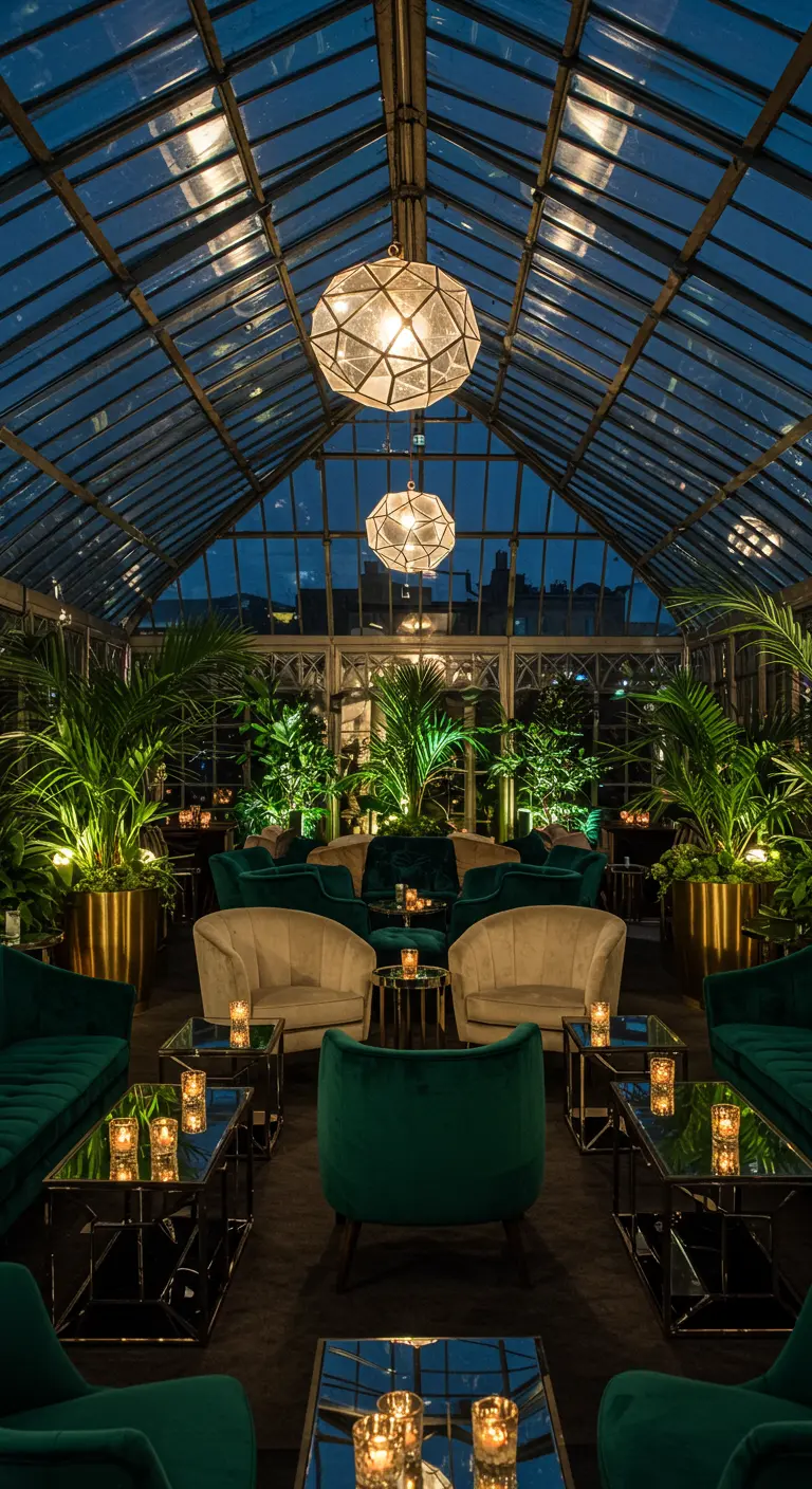 Glazen kas met luxe groene en beige fluwelen banken, grote plantenbakken en kaarslicht.