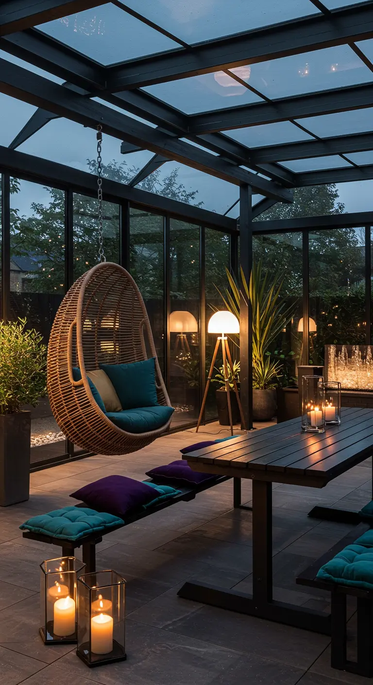 Moderne glazen serre met rieten hangstoel, donkere eettafel, teal kussens en sfeerlicht.