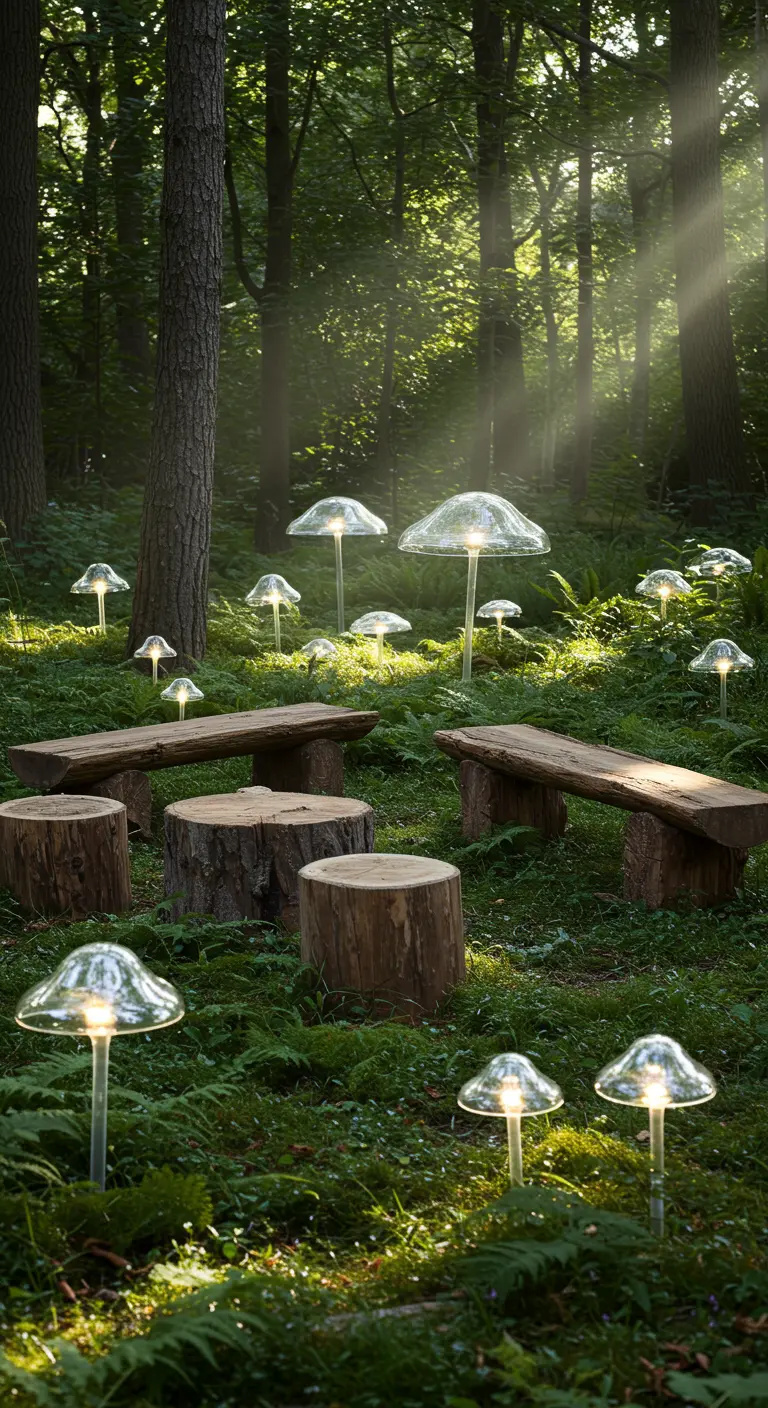 Bosrijke omgeving met veel groen, waar diverse glazen paddenstoel-vormige lampen tussen de bomen staan.