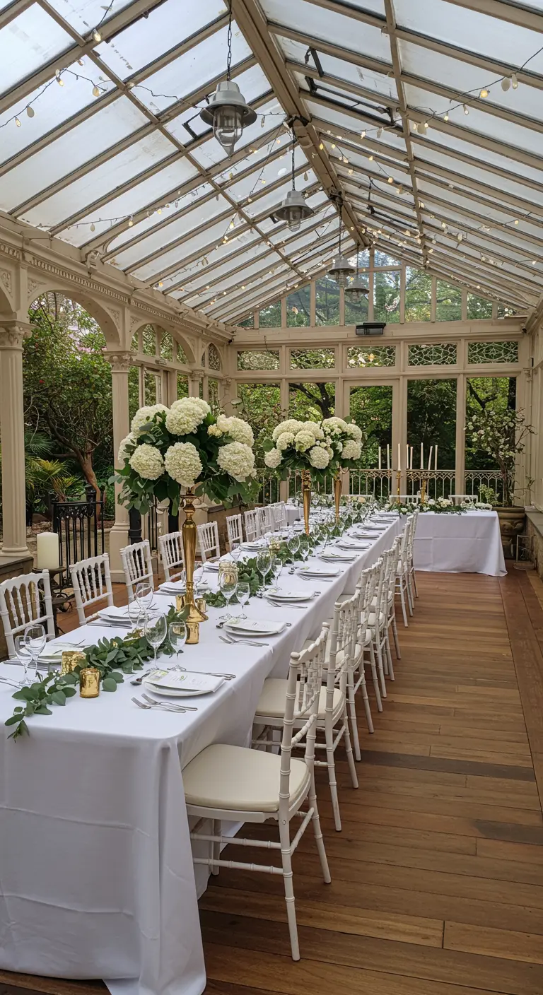 Elegante dinertafel met witte bloemen en gouden accenten in een glazen serre.