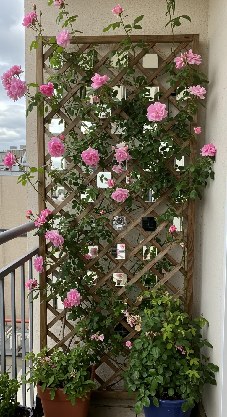 Houten trellis met kleine spiegeltjes en roze klimrozen.