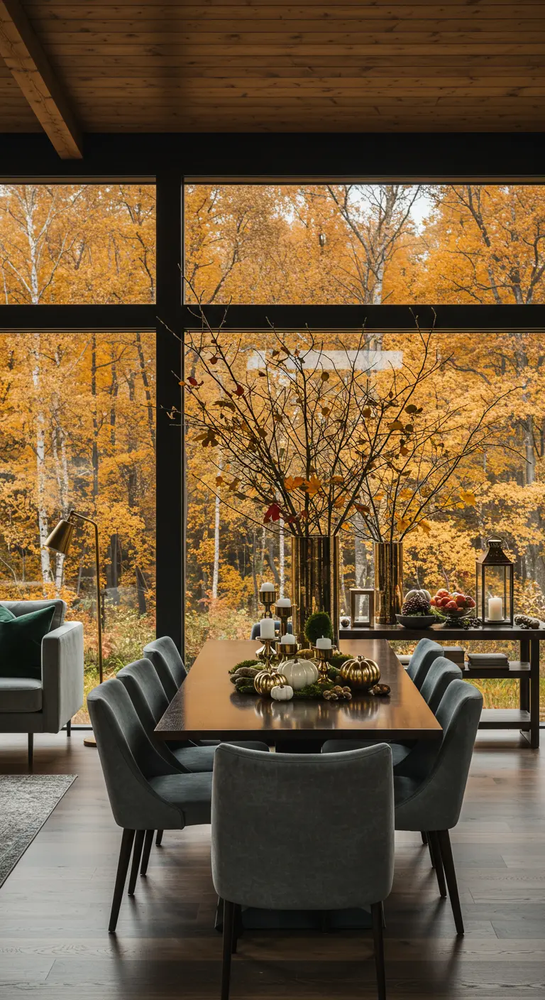 Moderne eetkamer met grote ramen die uitkijken op herfstbomen, gouden decor.