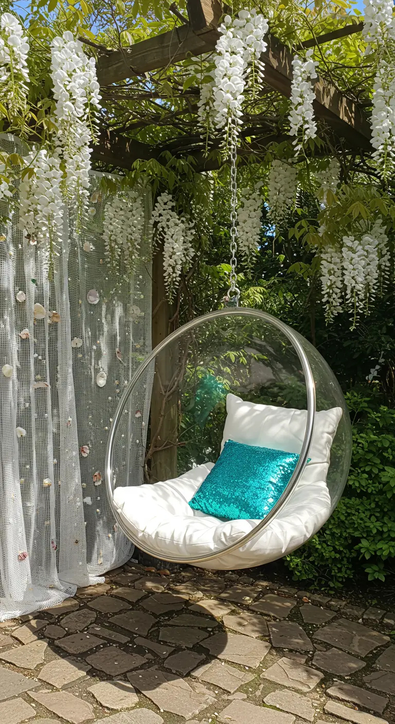Transparante 'bubble chair' met een turquoise paillettenkussen, hangend onder witte bloemen.
