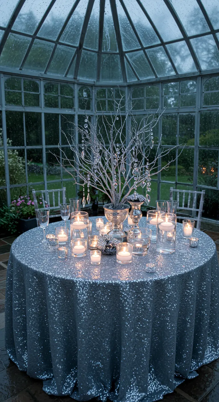 Ronde tafel met zilveren paillettenkleed en een winterse takkendecoratie in een serre.