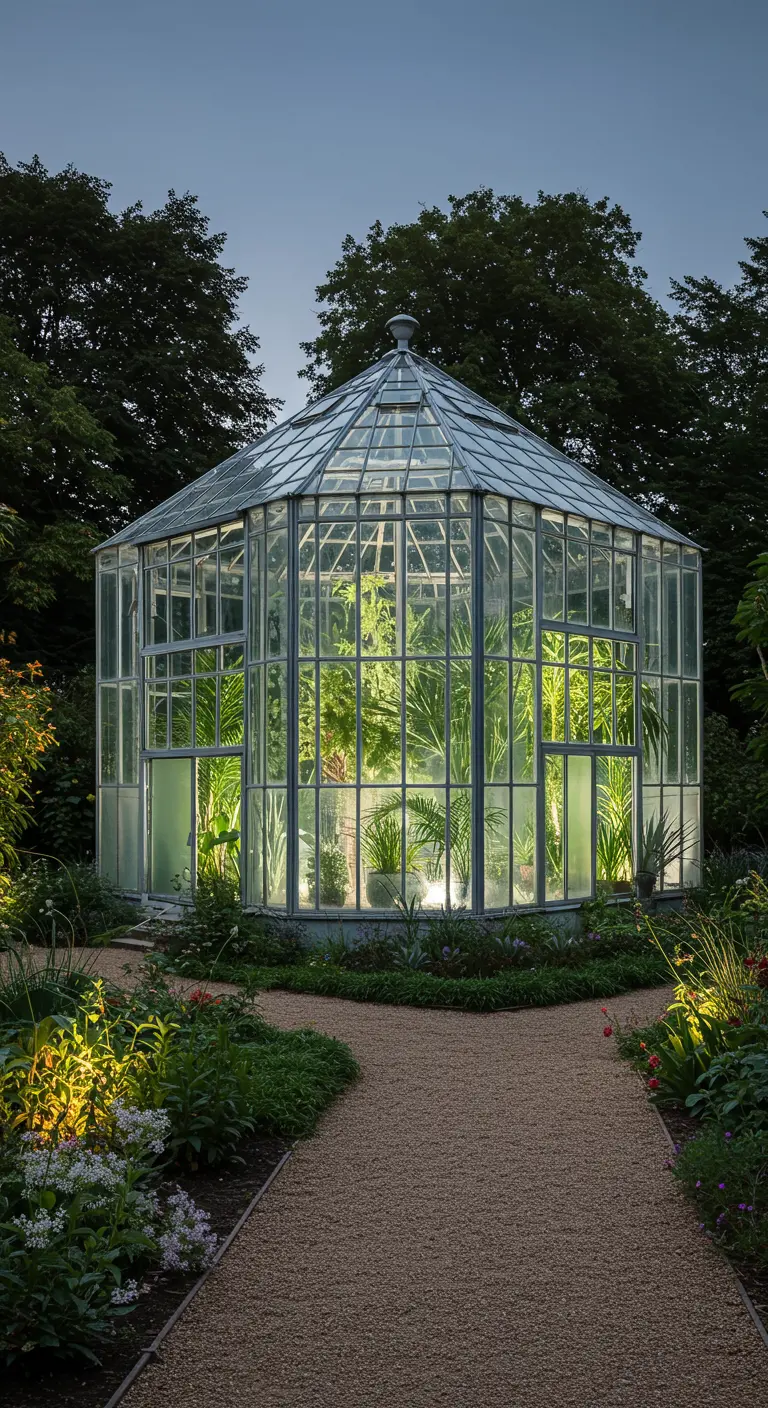 Grote, glazen kas in achthoekige vorm, verlicht van binnenuit met een groene gloed, staand in een groene tuin bij schemering.