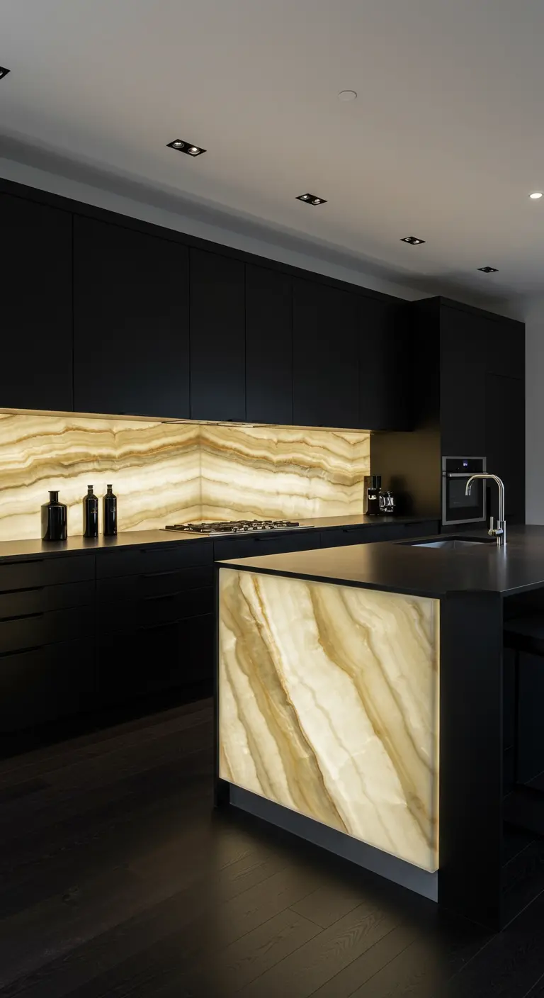 Zwarte keuken met plafondhoge kasten en lichtgevende onyx achterwand en eiland.