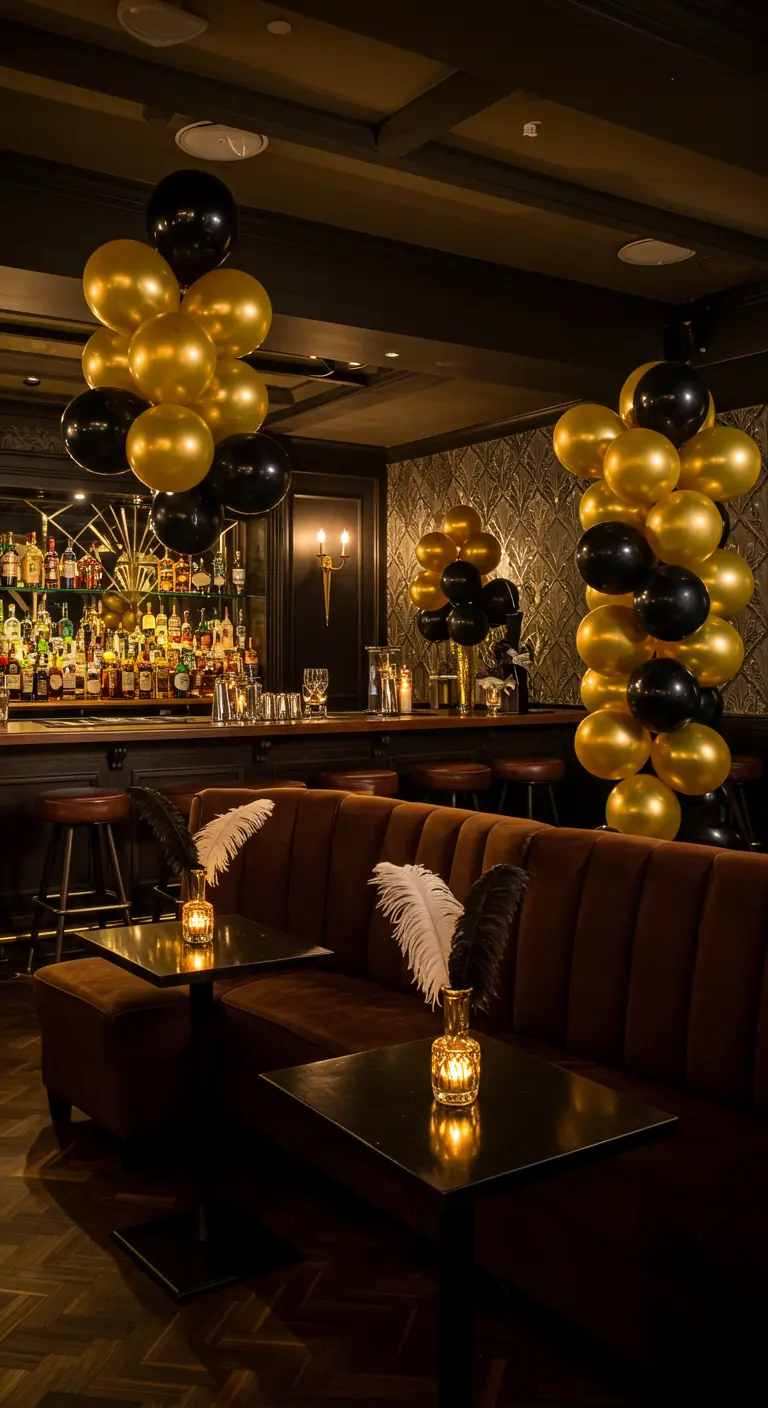 Speakeasy bar met gouden en zwarte ballonnen, lederen banken en veren decoraties.