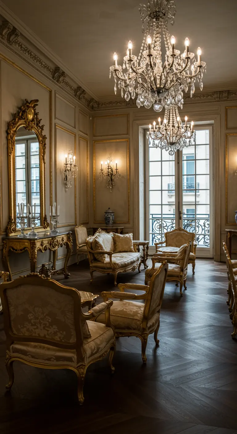 Grandioze Parijse salon met veel gouden accenten en een kristallen kroonluchter