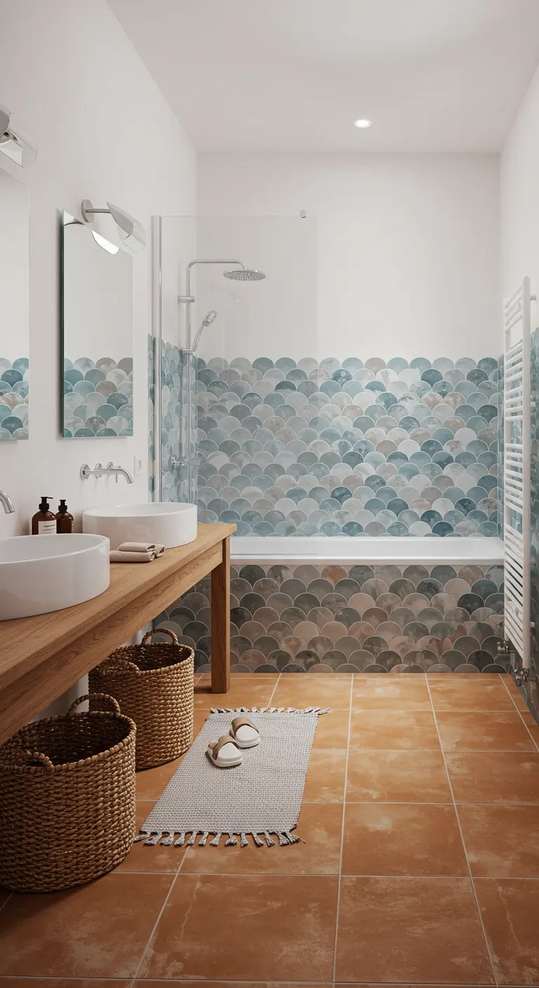 Badkamer met blauwgroene visschubtegels, terracotta vloer en houten wastafelmeubel.