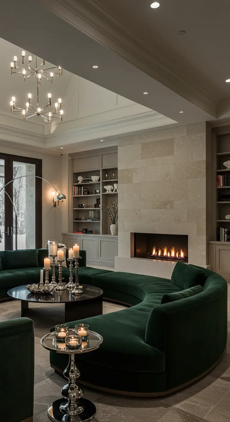 Chique woonkamer met gebogen groene fluwelen bank, moderne haard en zilveren kandelaren.
