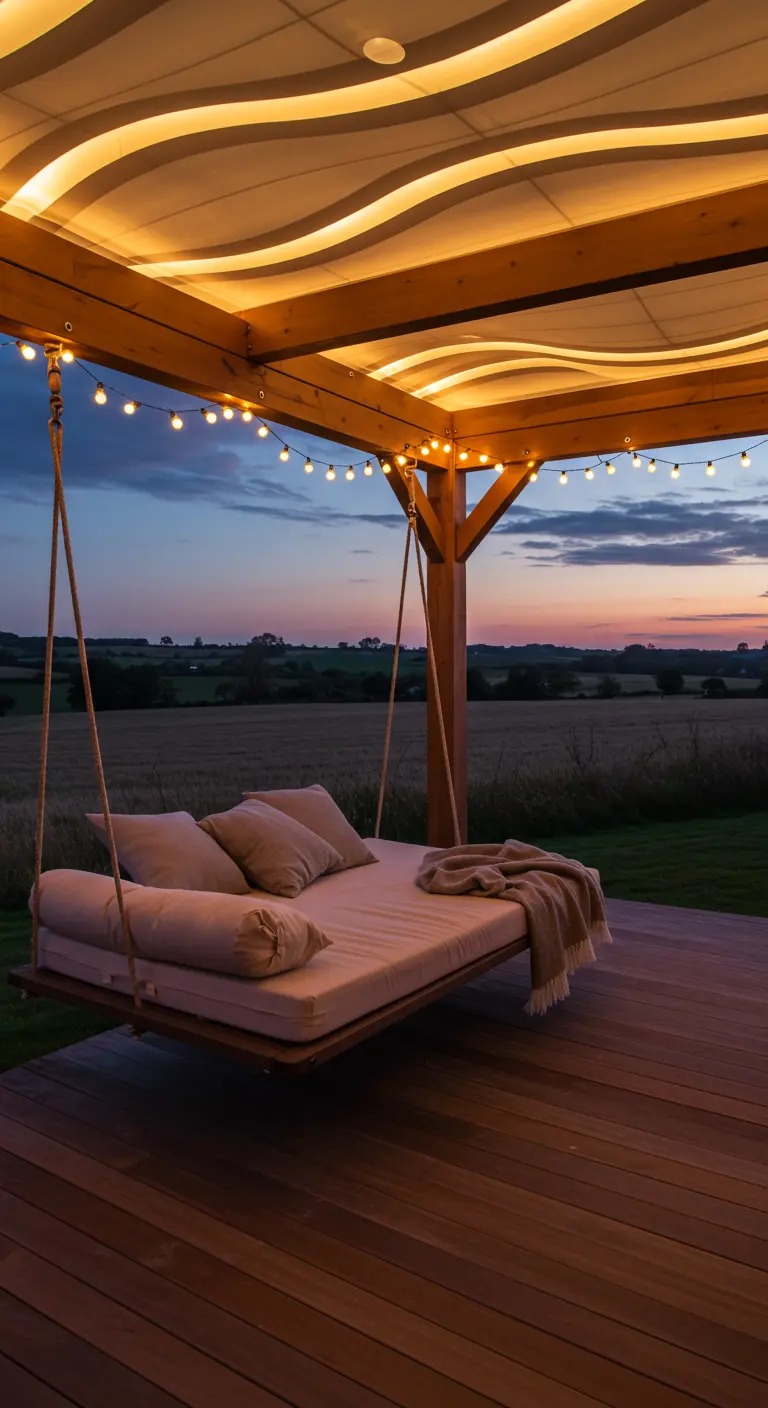 Houten schommelbed onder pergola met golvend verlicht plafond, lichtslingers, veld.