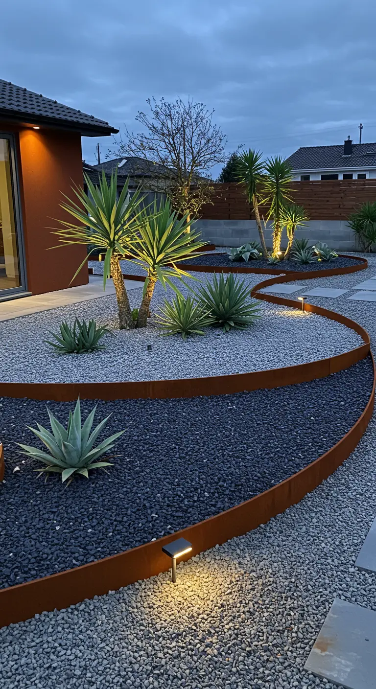Moderne tuin met golvende cortenstalen borders, twee kleuren grind en yucca's.