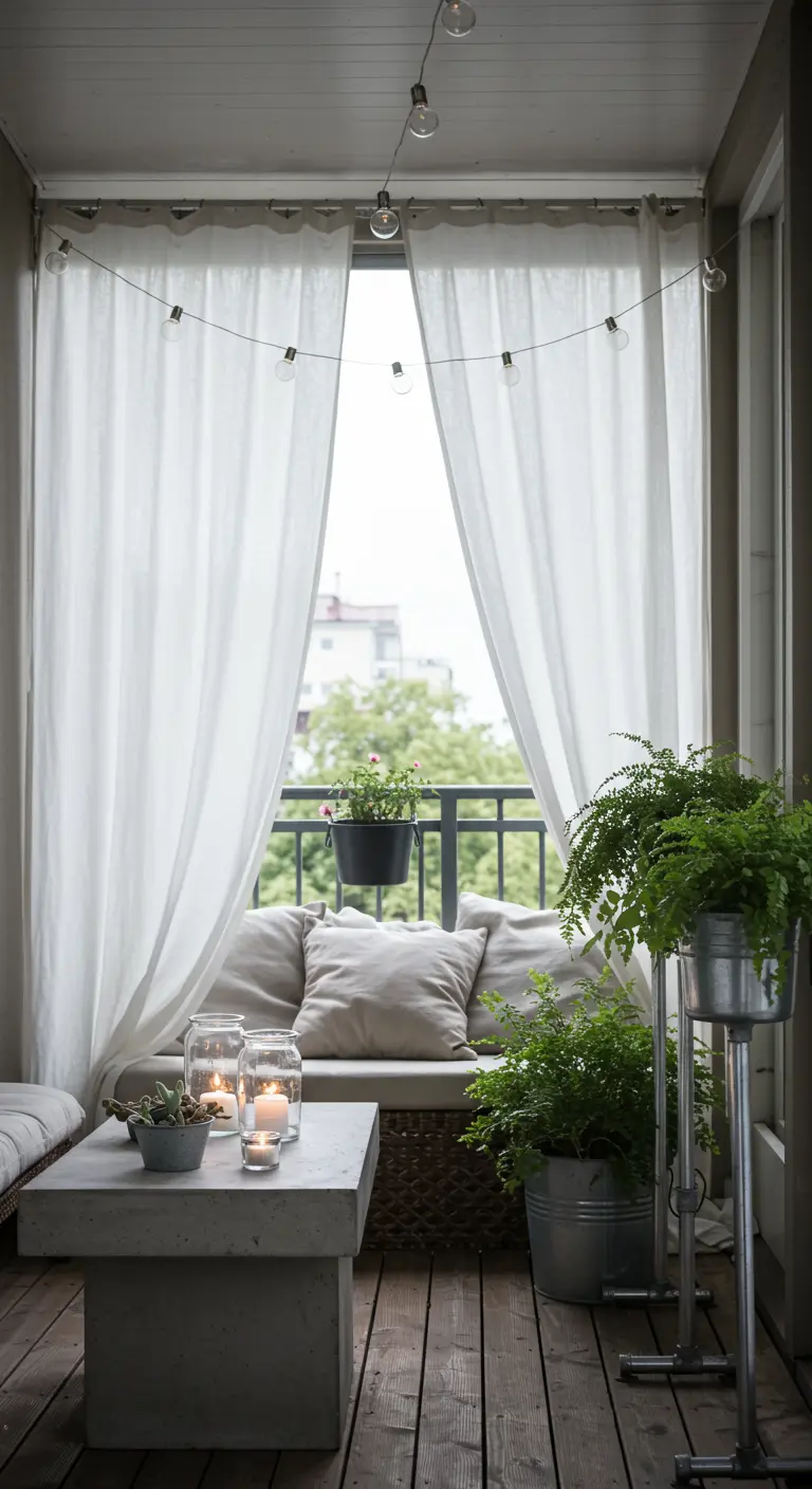 Inpandig balkon met witte gordijnen, een loungebank, een betonnen tafel en industriële plantenstandaards.