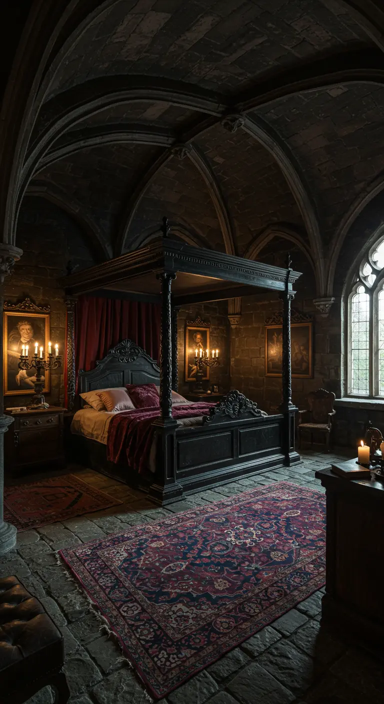 Donkere, gotische slaapkamer met een stenen gewelf, een groot zwart hemelbed en rode fluwelen accenten.